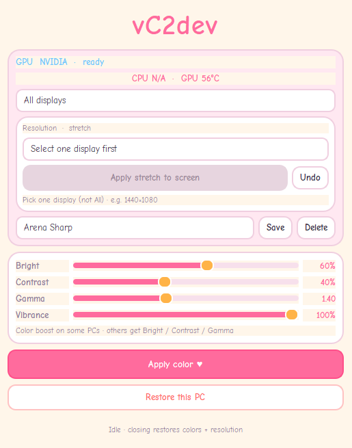vC2dev Windows app for display color and stretch resolution